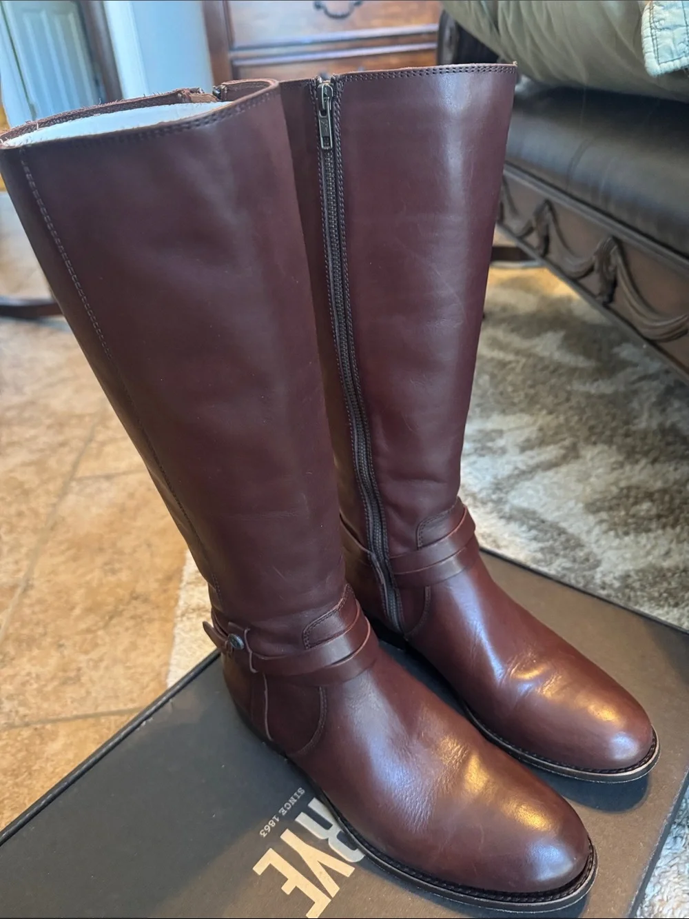 Frye Women's Melissa Belted Tall Riding Boots in Dark Brown Leather